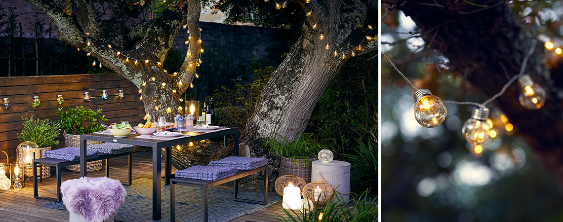 Cosy garden setting with decorative lighting Cosy garden setting with decorative lighting