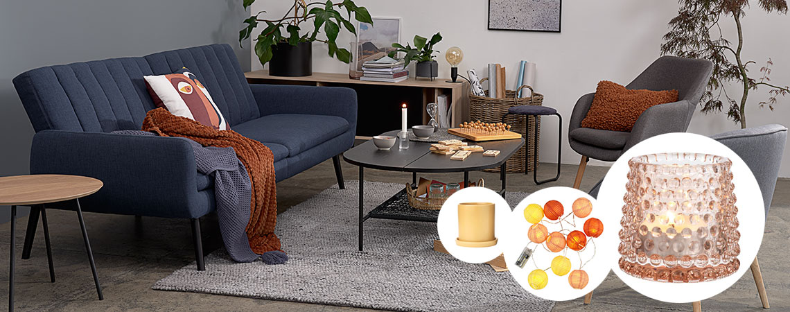 Living room with decor in Halloween and autumn colours Living room with decor in Halloween and autumn colours