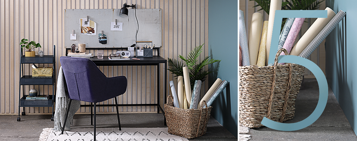 Well organised desk with chair, lamp, bulletin board and storage solutions Well organised desk with chair, lamp, bulletin board and storage solutions