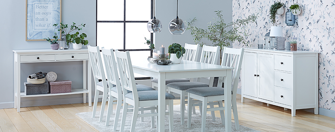 NORDBY console table, dining table, dining chairs and sideboard Dining room with all white console table, dining table, dining chairs and sideboard