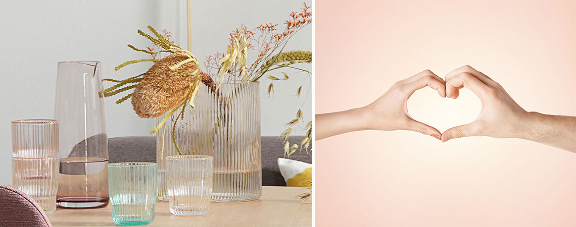 UNO jug, CLAES glass, and HILMIR vase Tableware in coloured glass and two hands creating a heart