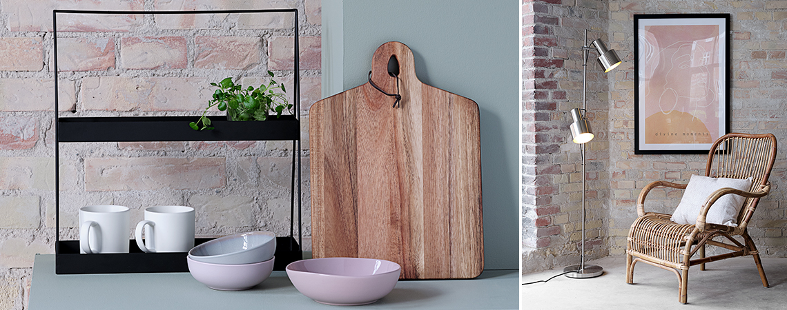 REGNAR tray with GILBERT and TORSTEN bowls and VILBERT mugs and KJELL cutting board. LISELEJE armchair with MATINUS floor lamp Tray with bowls and mugs and cutting board. Armchair with floor lamp