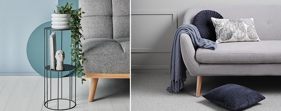 PELLE pedestal TORRE with ornament and TORALF plant pot in glass and sofa with LINNEA throw and VILLMORELL, KUGLEASK and DUNHAMMER cushions Pedestal with ornament and plant pot in glass and sofa with throw and cushions