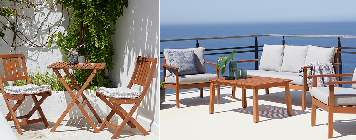 VEN bistro set with table and 2 chairs and TAGEHOLM lounge set Wooden garden bistro set with table and 2 chairs on a patio and wooden lounge set on a balcony by the ocean