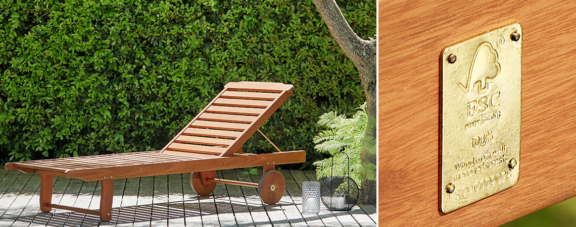 DALRIPA wooden sun lounger on a sunny patio and the FSC® metal label Wooden sun lounger on a sunny patio and the FSC® metal label