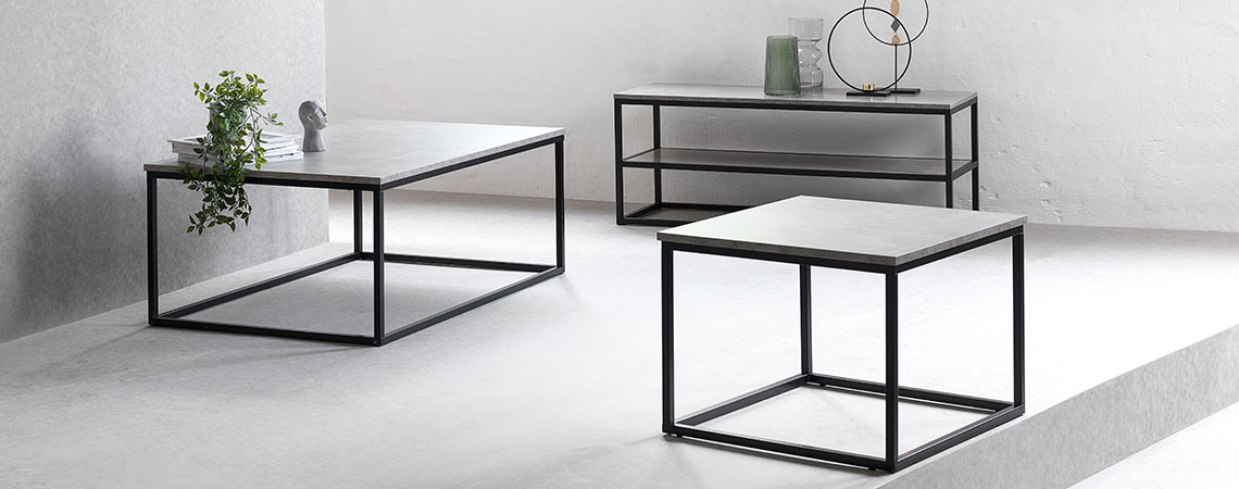DOKKEDAL TV bench, end table and coffee table TV bench, end table and coffee table with black metal frames and a tabletop in concrete look