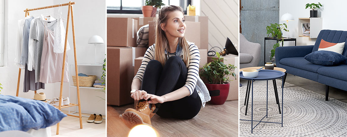 VANDSTED clothes rail and a living room with a HARNDRUP sofabed Clothes rail in a bedroom, young woman with moving boxes and a living room with a modern sofabed