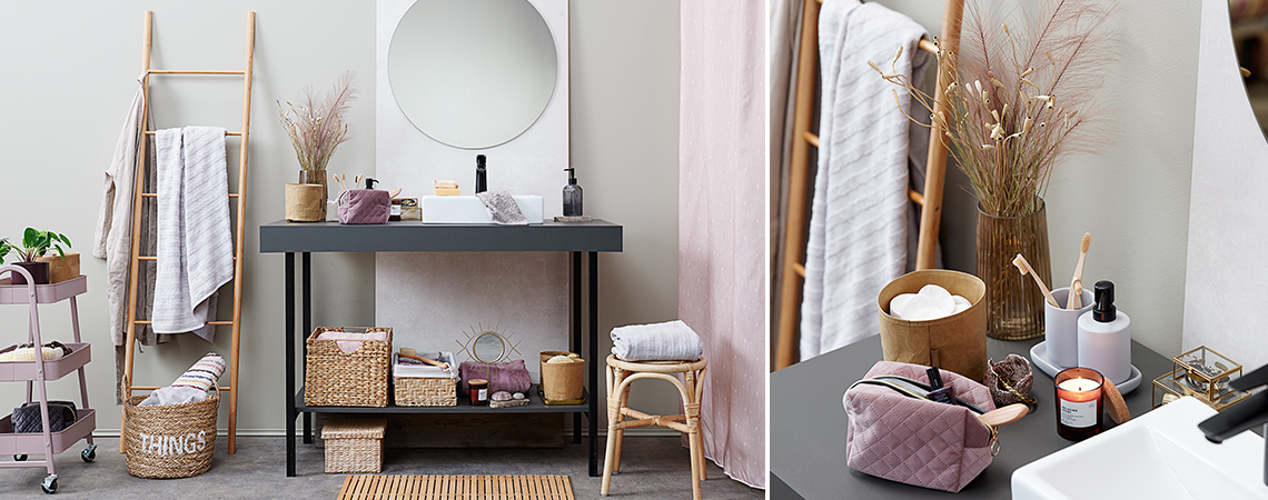 Bathroom with wicker storage baskets, bath mat and accessories in a natural look