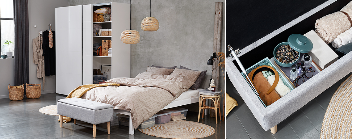 ARE baskets, TARP wardrobe, BADSTED bench with storage, TANJA bed linen, SIGVARD pendants, JUNGHOLM stool Bedroom with a wardrobe, end of bed storage bench, pendants and bed