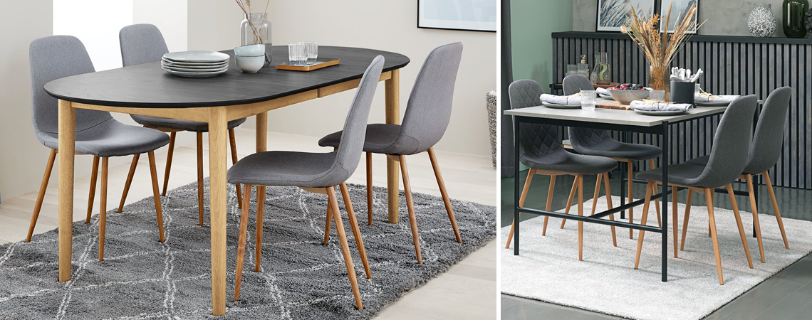 JONSTRUP dining chair in grey fabric, JONSTRUP office chair in faux leather, and JONSTRUP bar stool and table Different types of dining room furniture and an office chair in faux leather