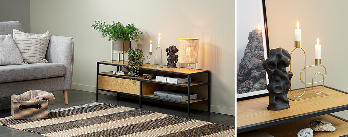 TRAPPEDAL TV bench, STEN ornament and ERVIN candlestick Living room with sofa, TV bench and different types of home décor and full of “hygge”