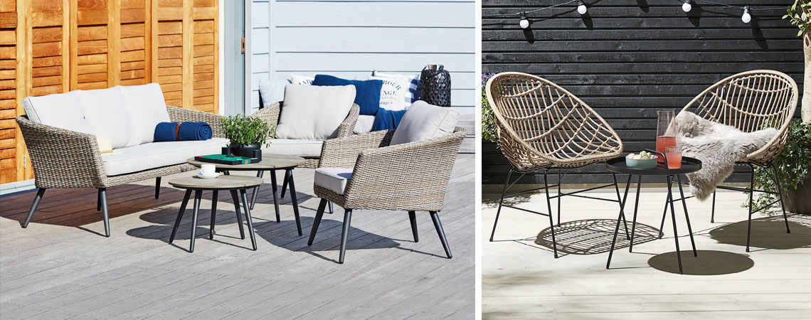 VEBBESTRUP lounge set GJERLEV chairs Natural rattan garden lounge set with small side tables and two garden lounge chairs wood and metal
