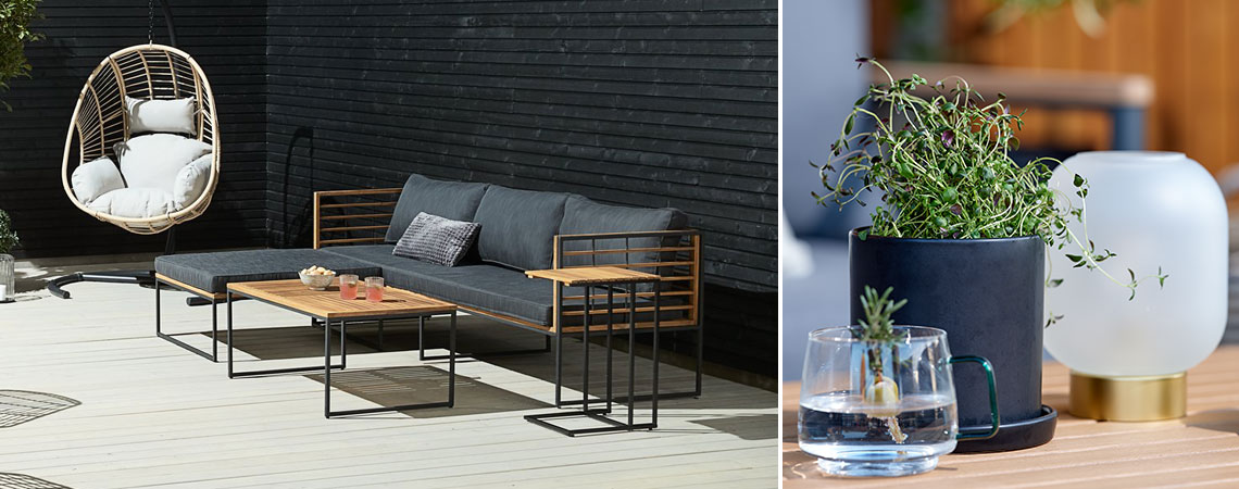 Garden lounge set on and a hanging chair on a large balcony 