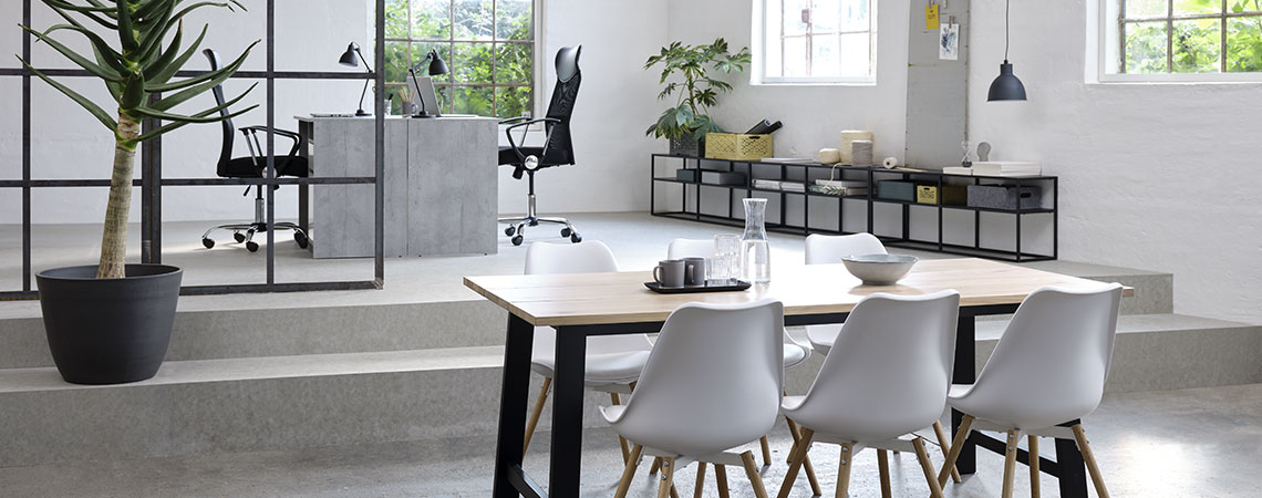 BILLUM office chair, KASTRUP dining chair, BILLUND desk and VIRUM TV bench Dining room table and office desk in living room