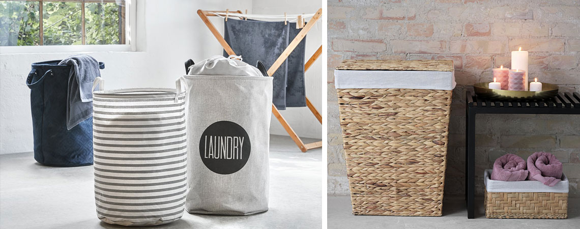 washing baskets in fabric and woven seagrass