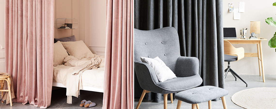 Two examples of how you can use room divider curtains: For a bedroom and for a home office 
