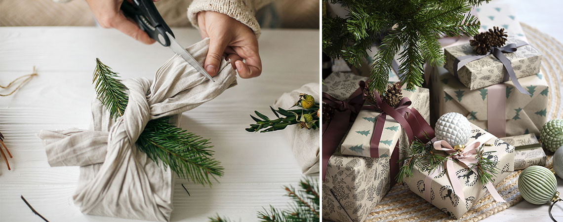 KARDUS wrapping paper and PIPESTEN Christmas baubles Christmas presents wrapped in fabric and recycled wrapping paper