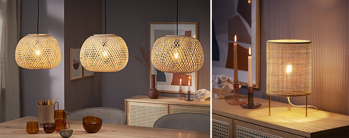 SIGVARD pendants and ALBERT table lamp Three bamboo pendants hanging over dining table and rattan table lamp