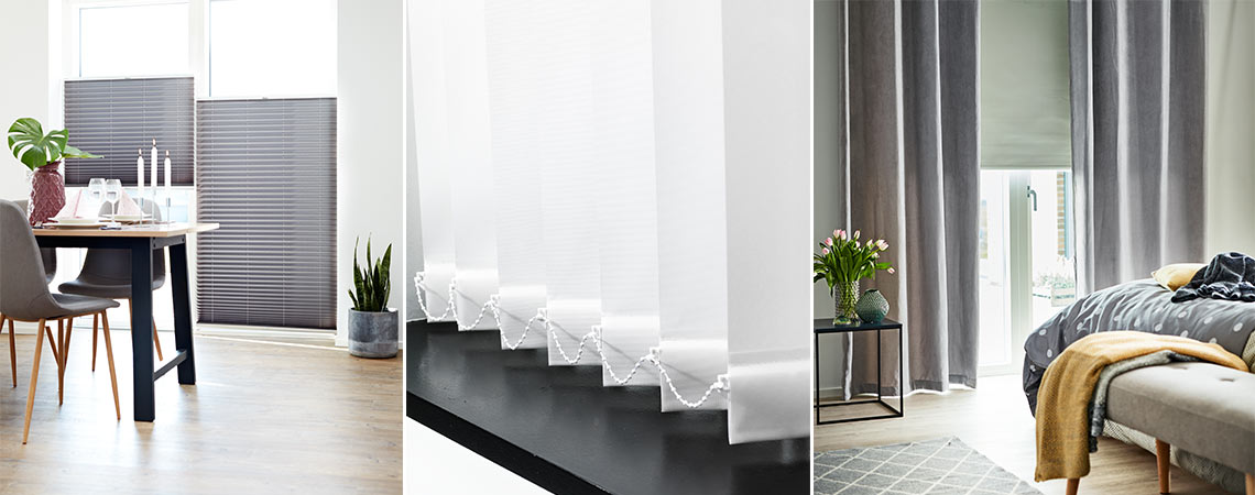 Grey curtains with white roller blind