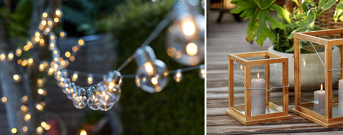 BROMS lanterns and FINK string lights String lights in tree and wooden lanterns with candles
