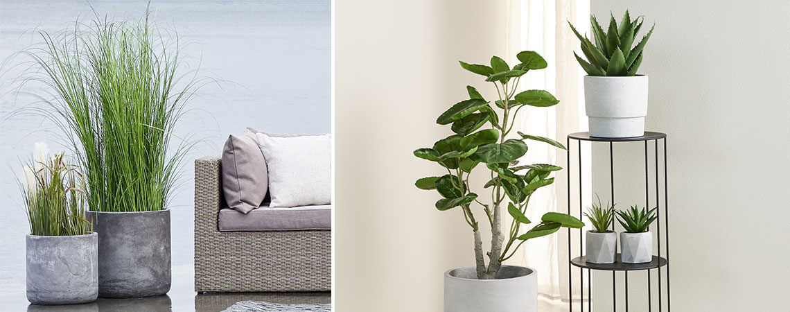 Outdoor artificial grass in grey planters and and three indoor artificial plants
