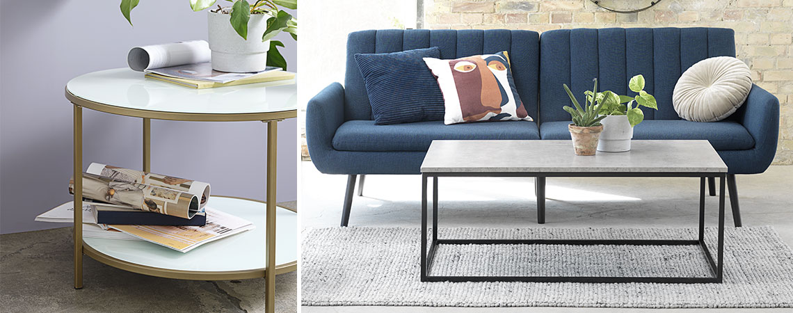 Round end table in metal and glass and square coffee table 