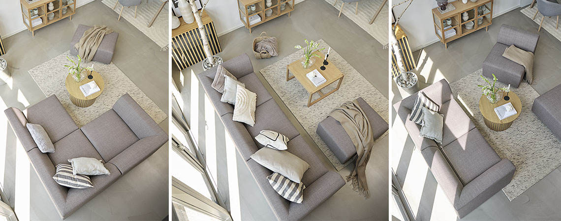 TERNDRUP sofa built of modules Grey modular sofa displayed in three different combinations in Scandinavian living room