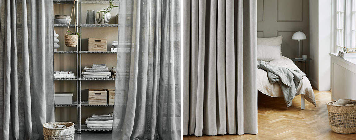 AGA grey curtains in linen-look and beige HITRA dimout curtain Sheer curtain in front of shelving unit and beige curtain in front of bed