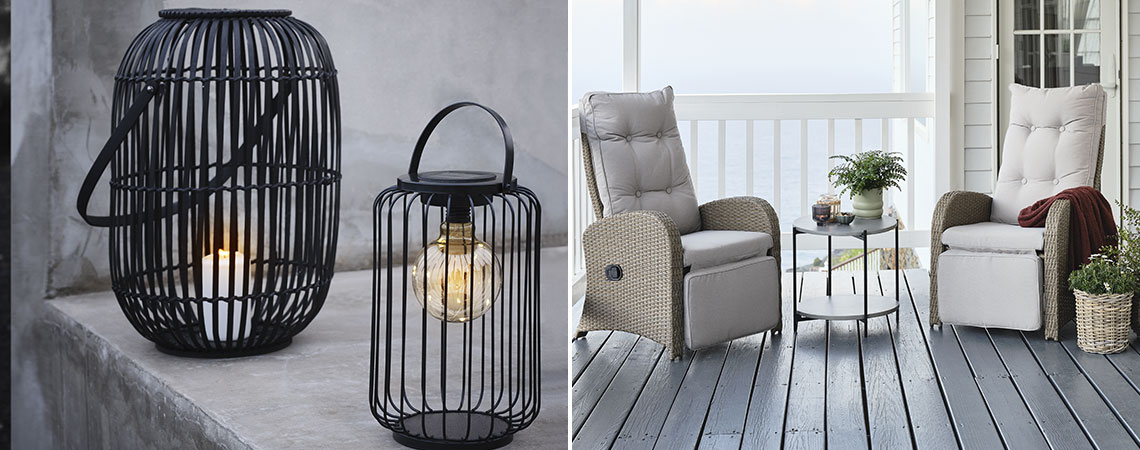 RUGDE and HORNUGLE solar lamps, STORD lounge chairs and OTTA lounge table Lanterns and a balcony with lounge chairs, lounge table and planters in wintertime