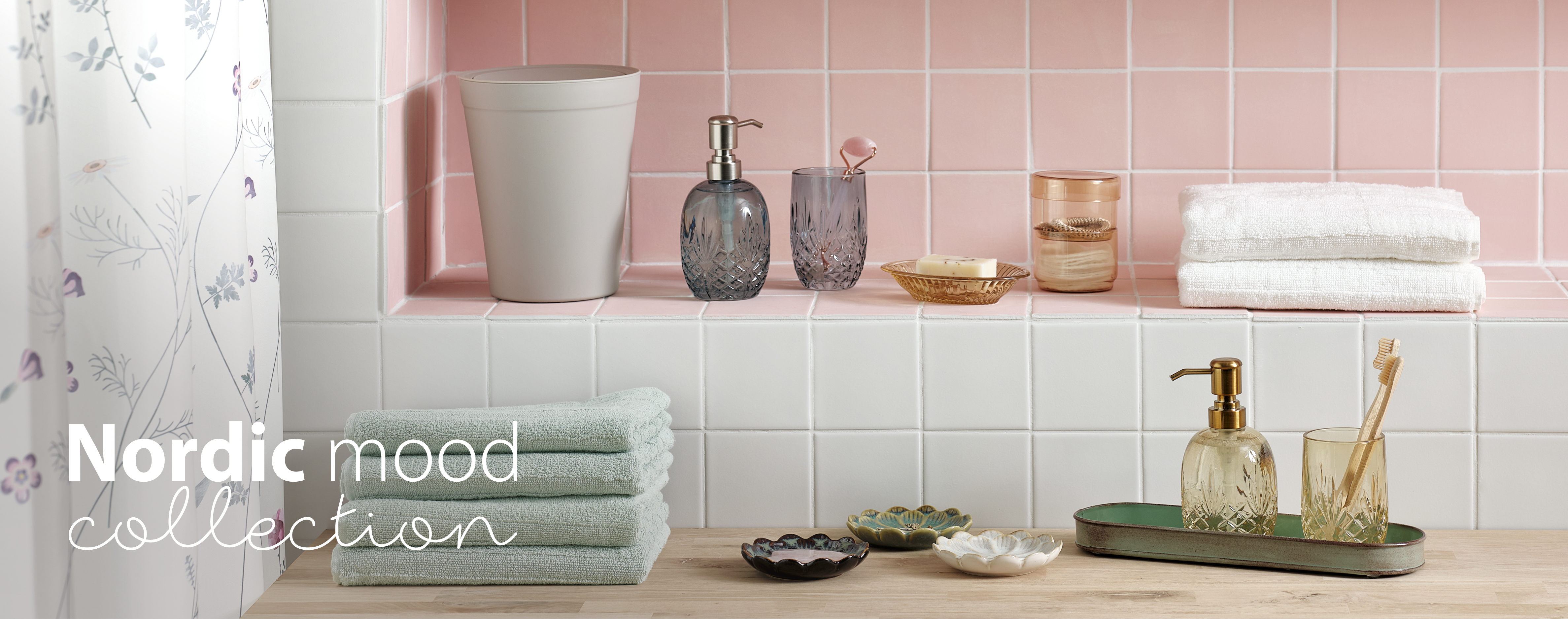 EDSVALLA toothbrush holder, soap dispenser and soap dish, DINGLE toilet bin, and TORSBY towels Bathroom with bathroom sets, hand towels, toilet bin and trays