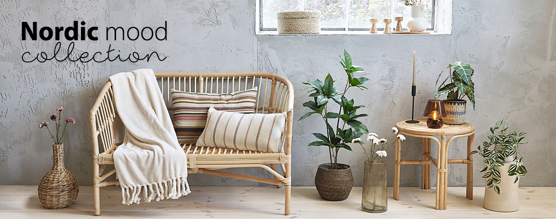 The new Nordic Mood collection focuses on comfort and cosiness in your home Home accessories and décor in beige and natural colours with artificial flowers and plants