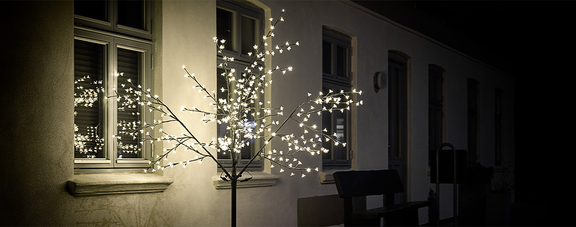 Light up your home, both inside and outside, during the winter months LED light tree outside home in winter