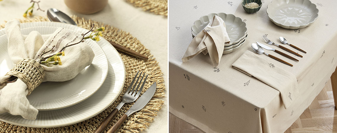 LIND place mat and ENGFIOL tablecloth with matching napkins Table setting with a round place mat and tablecloth with matching napkins