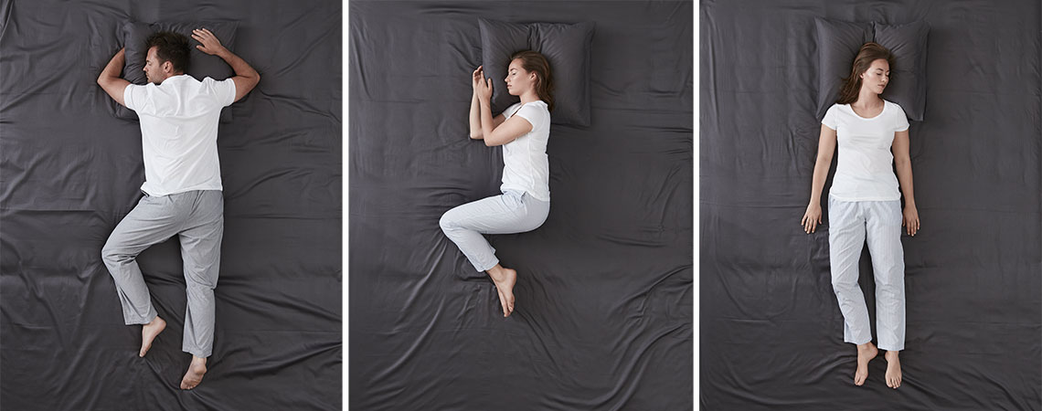 Find the best mattress for your sleeping position Guy and woman sleeping in bed in different sleeping positions