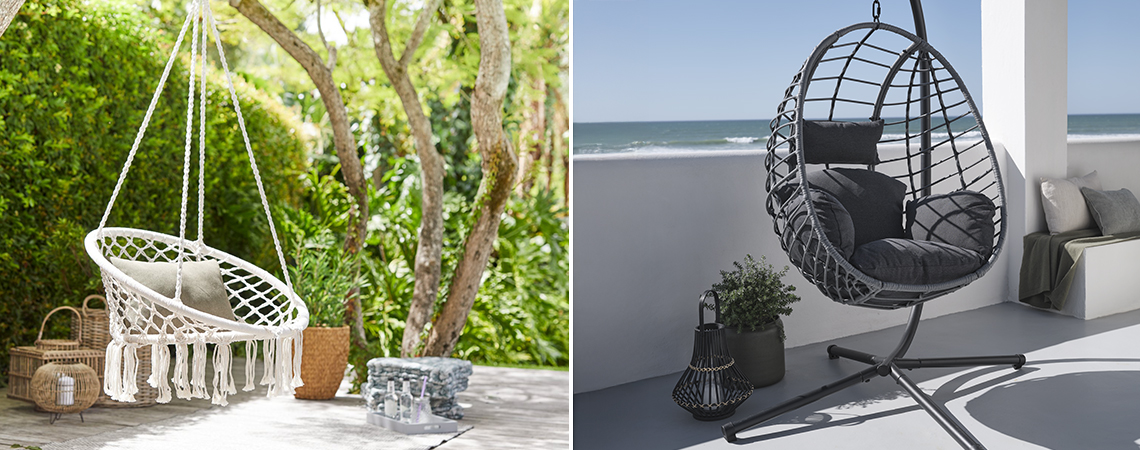 NITTEDAL and BORK hanging chairs White hanging chair in garden and grey outdoor hanging chair on balcony