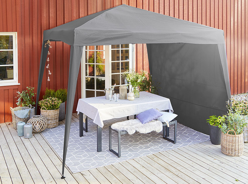 JERUP gazebo with SAUNTE bench and SANSEBIE garden planters Outdoor gazebo on a patio