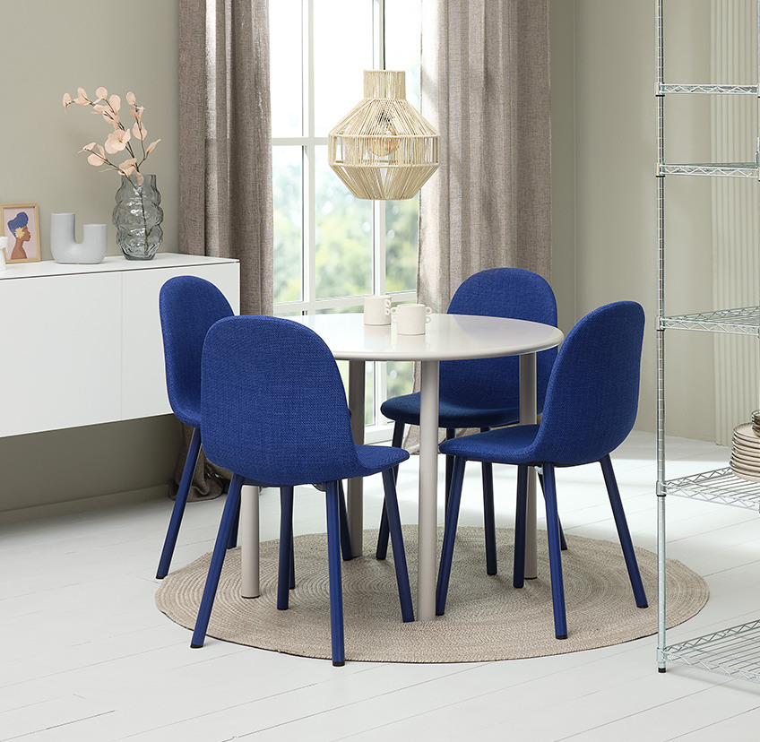 EJSTRUP dining chair in blue Cobalt blue dining chair and round dining table in white