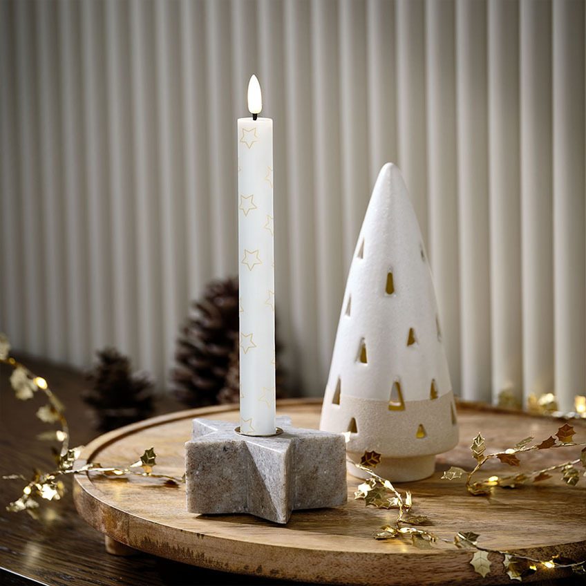 RUTILKVARTS candle holder, NELLIK Christmas LED candle, and VILJE LED-lit Christmas tree Star-shaped candle holder in marble, Christmas LED candle with stars, and LED-lit Christmas tree