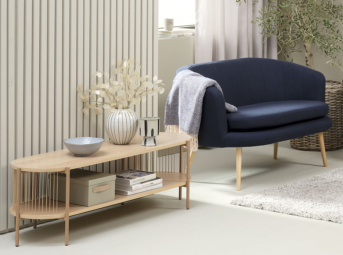 Light coloured SNESLEV TV bench and GISTRUP sofa Living room with light-coloured TV bench