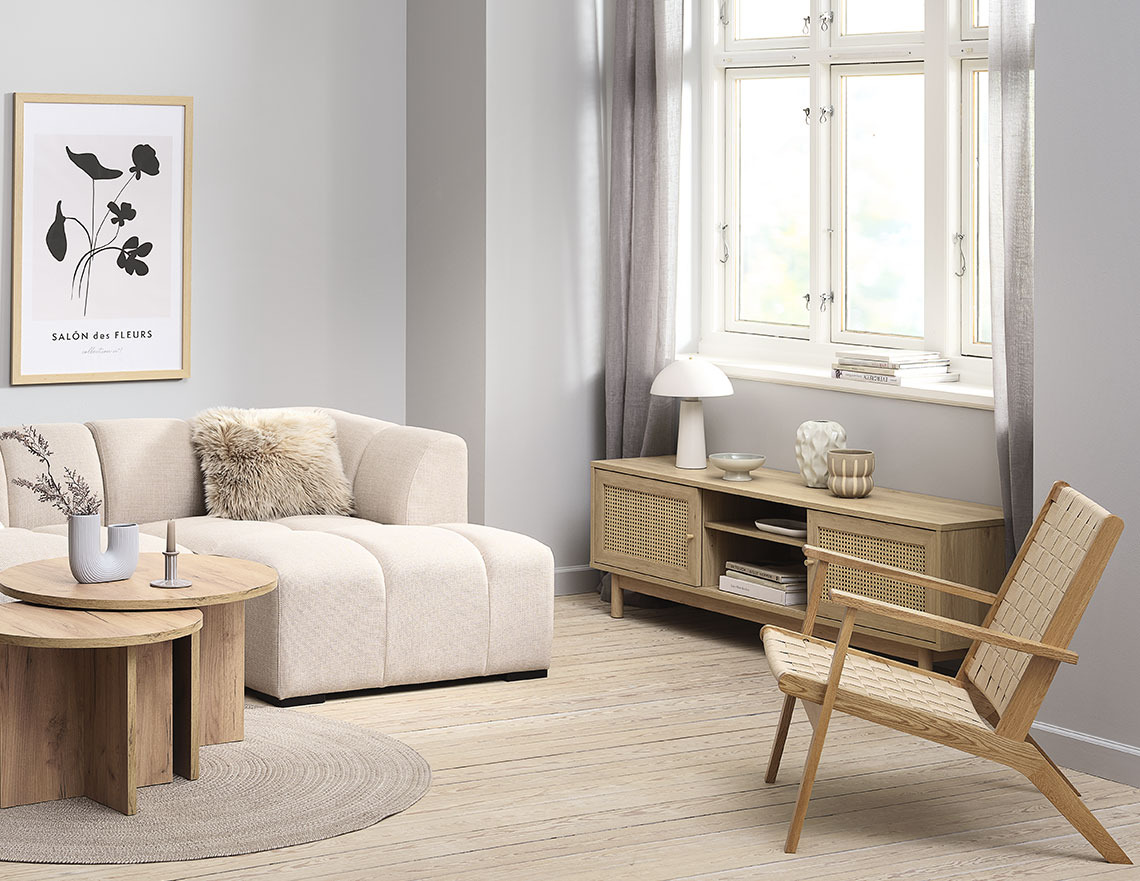HALMSTAD TV bench, ALLESE sofa, VADEHAVET armchair and KALVEHAVE coffee tables TV unit with storage, sofa, coffee tables and armchair in a living room
