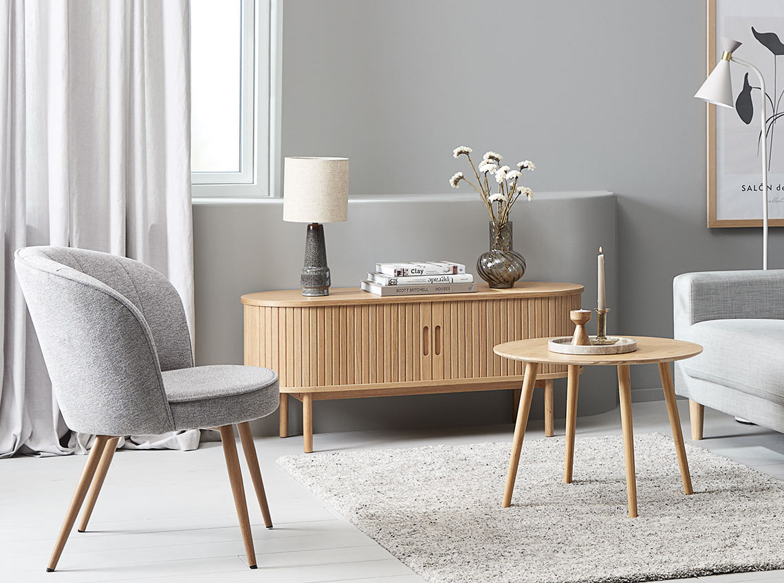 LYNGVIG TV bench, HOLMDRUP armchair, VANDSTED end table Light-coloured TV console table in living room