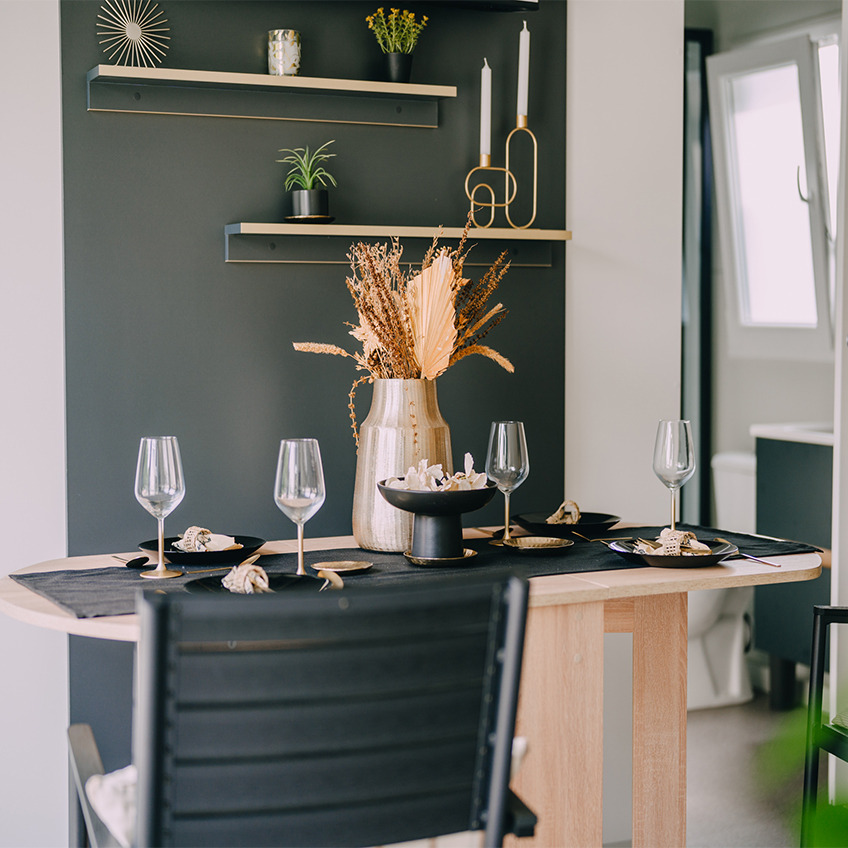 Furnished dining table and eating area