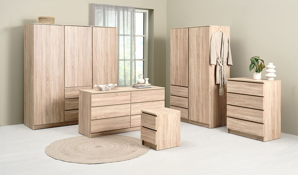LIMFJORDEN wardrobe and storage furniture collection Wardrobe and storage furniture collection including 2-door wardrobe, 3-door wardrobe, chest of drawers, and bedside table