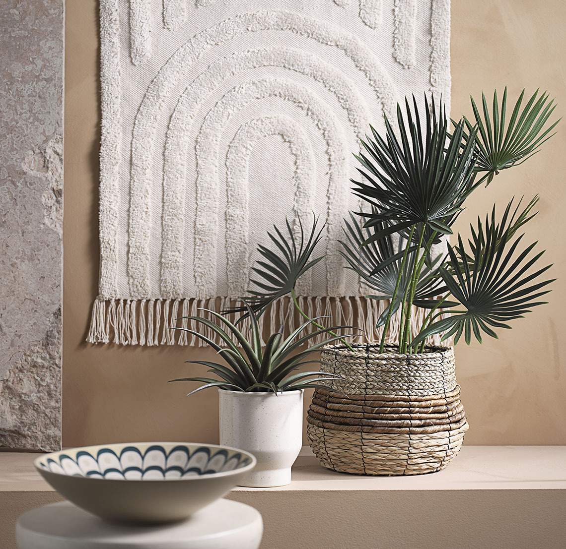 ODD bowl, ADAM plant pot and TERJE wicker plant pot with artificial plant JAKOB Bowl, plant pot and wicker plant pot with artificial plant