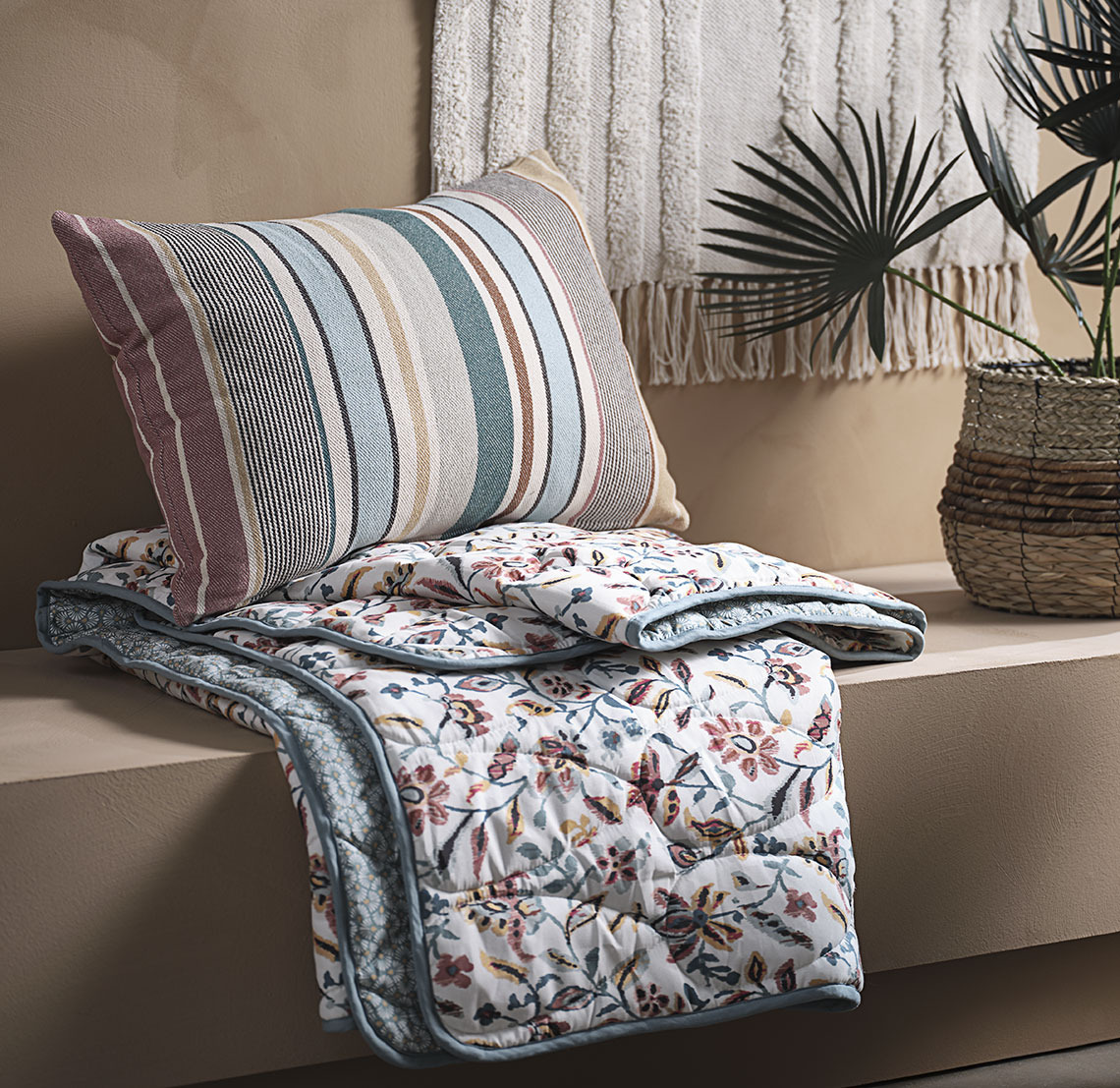 RYPEFOT cushion and KAMILLE throw Cushion, throw and wicker plant pot with artificial plant