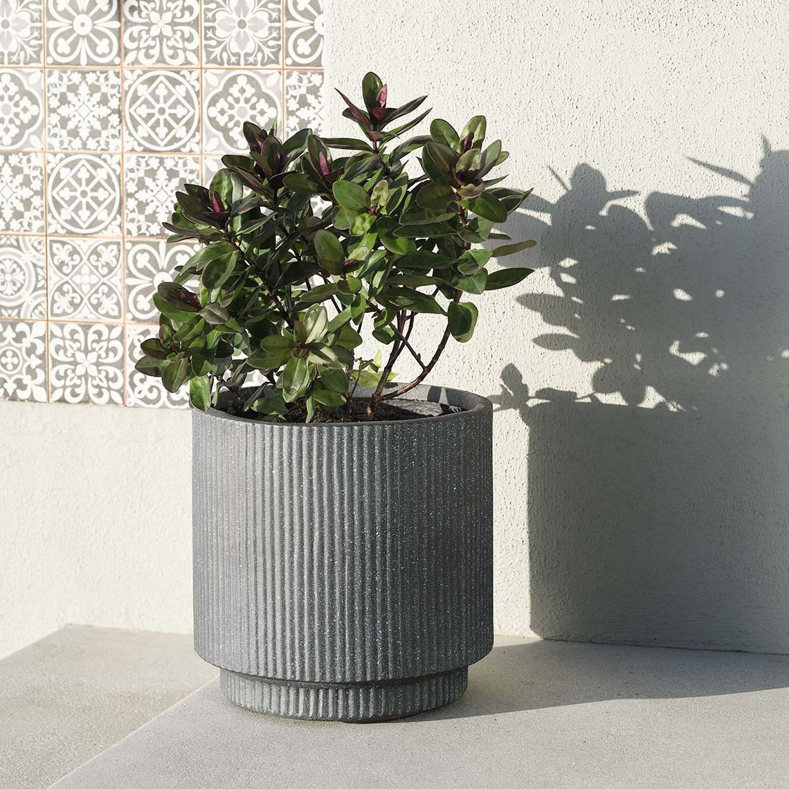 UGGLA anthracite garden planter made from fibre clay Anthracite grey, frostproof garden planter made from fibre clay with green plant on patio