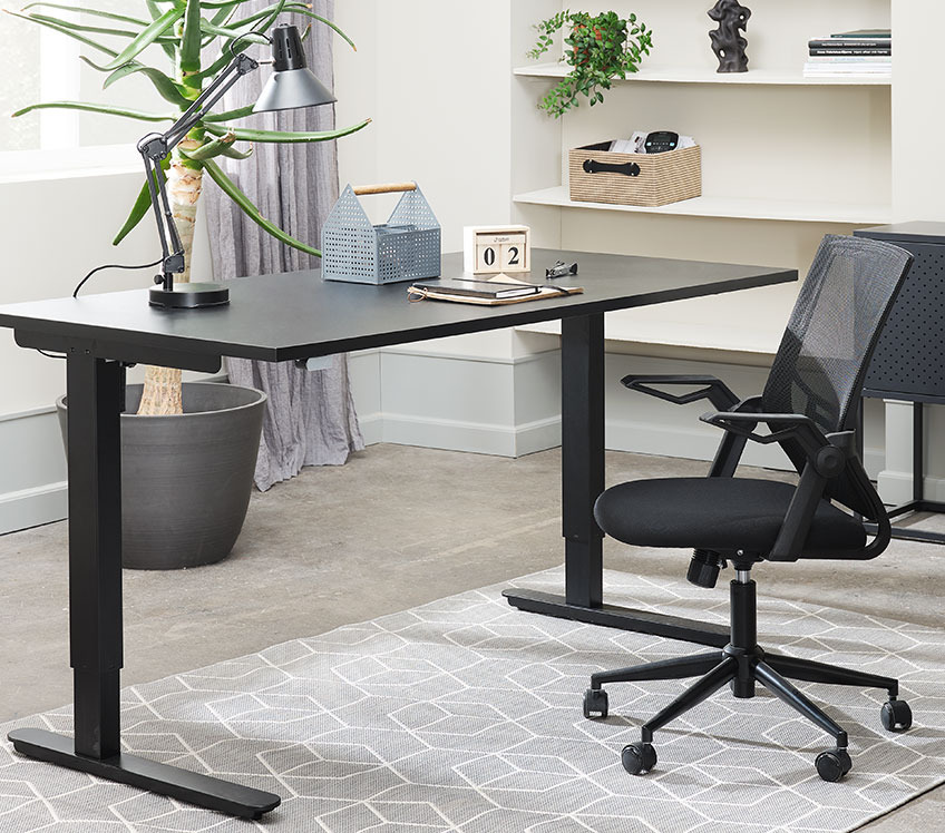 Mesh office chair and standing desk