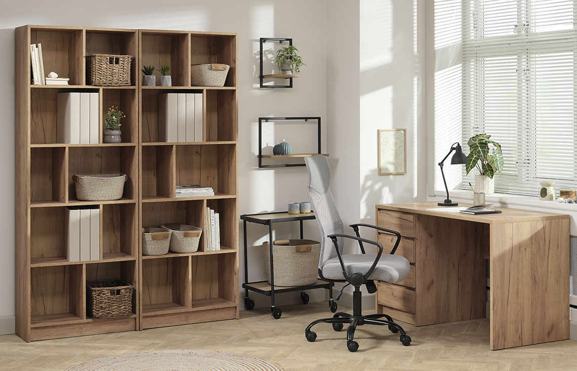 Fabric office chair, shelving unit and desk