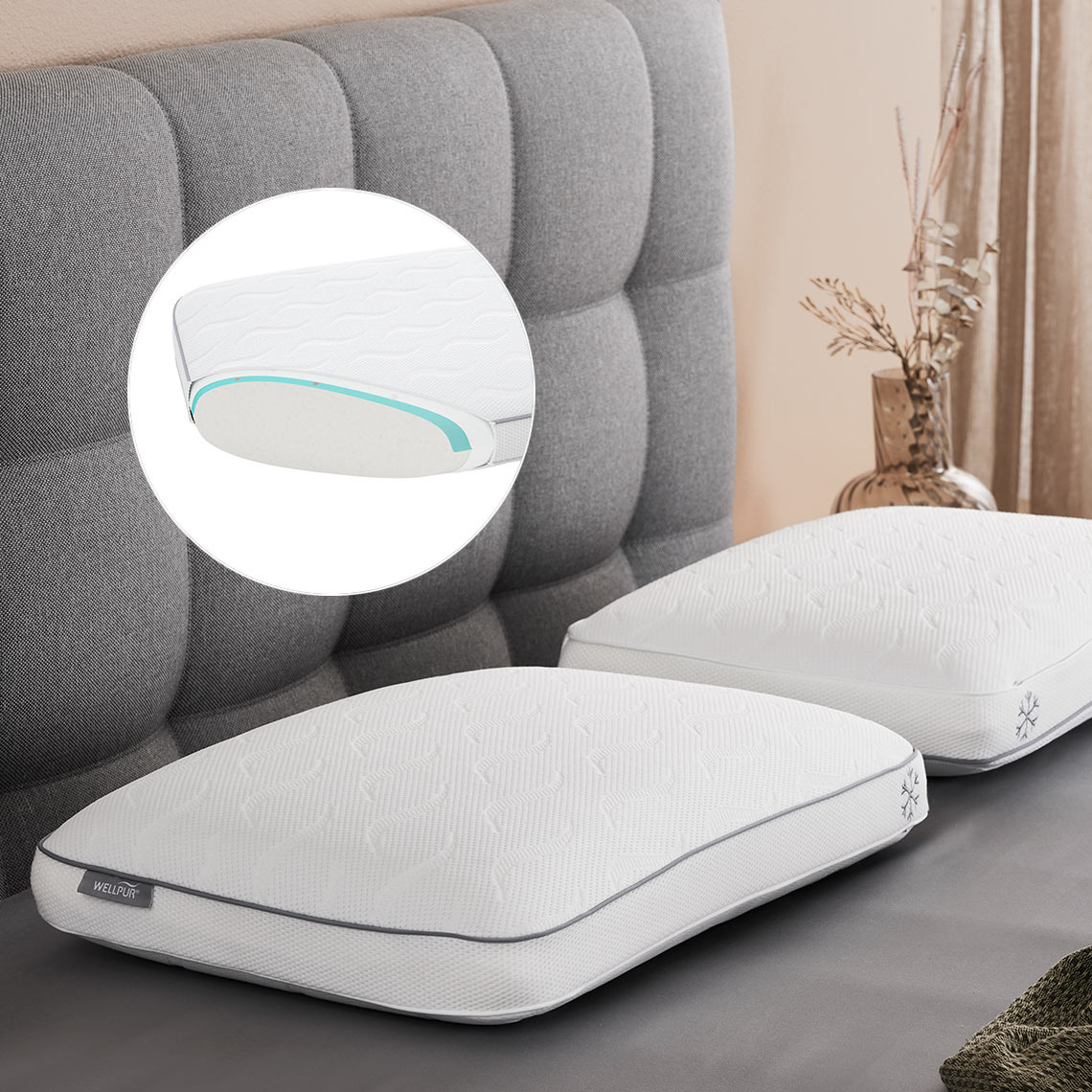 Two memory foam pillows with cooling properties