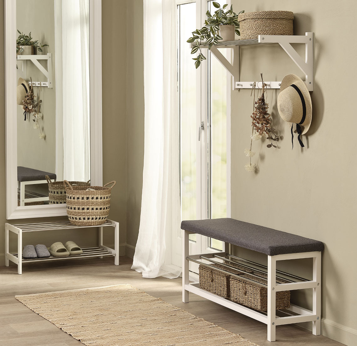 EGESKOV hallway bench has a fabric seat and room for shoes Shoe rack bench in a hallway with large mirror, rug and hallway shelf